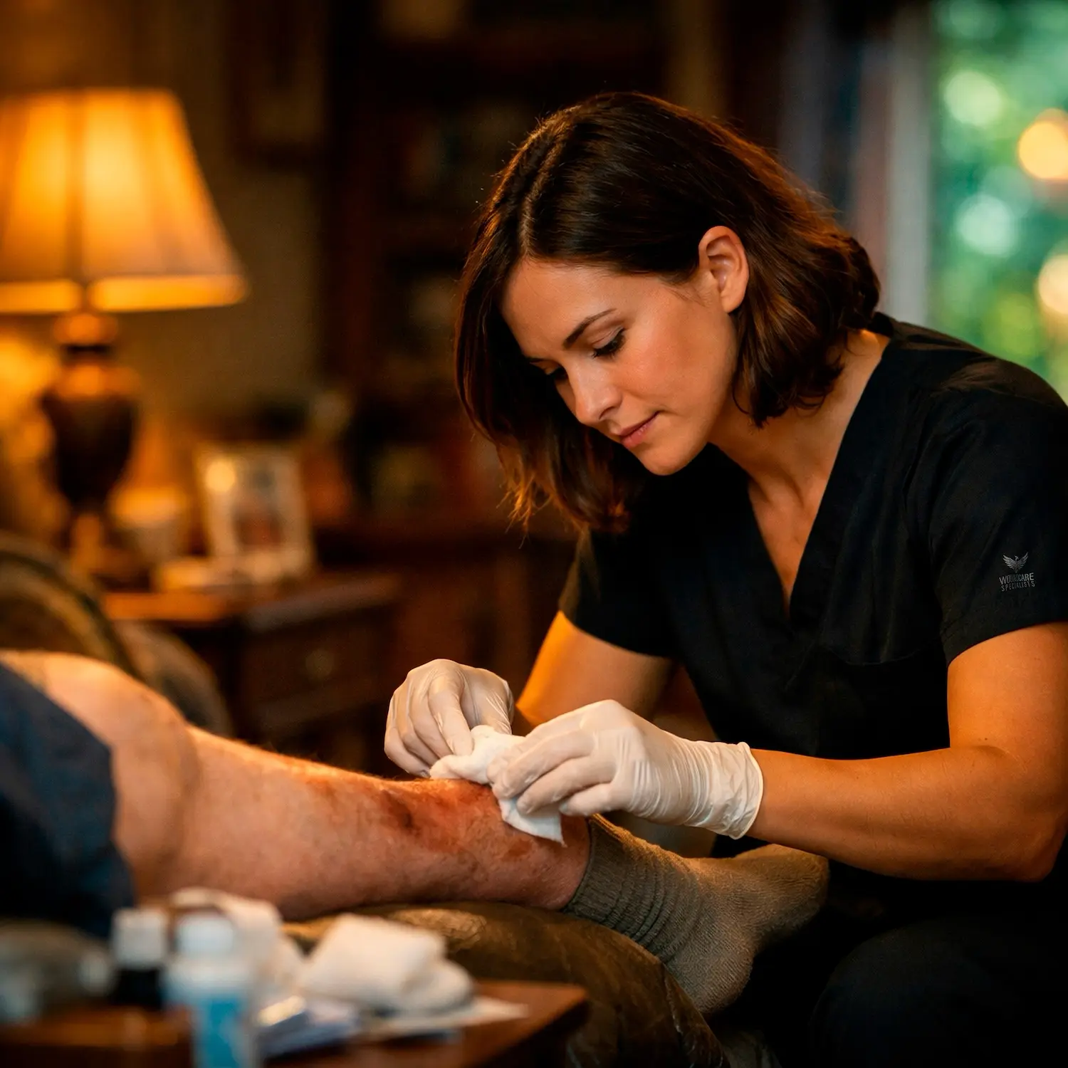 Wound care specialist conducting a clinical assessment in a patient's home