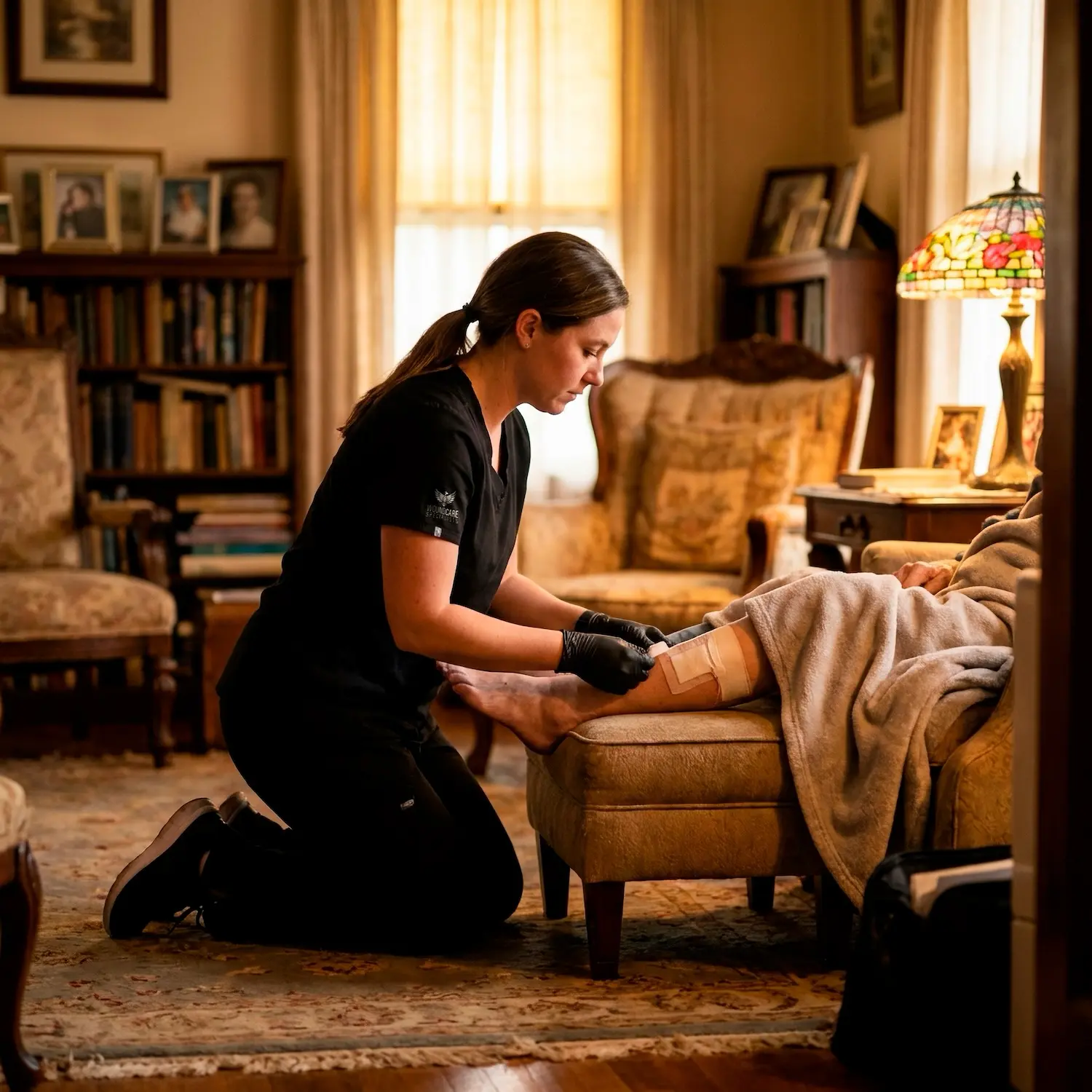 Specialist explaining wound care progress to a home health patient