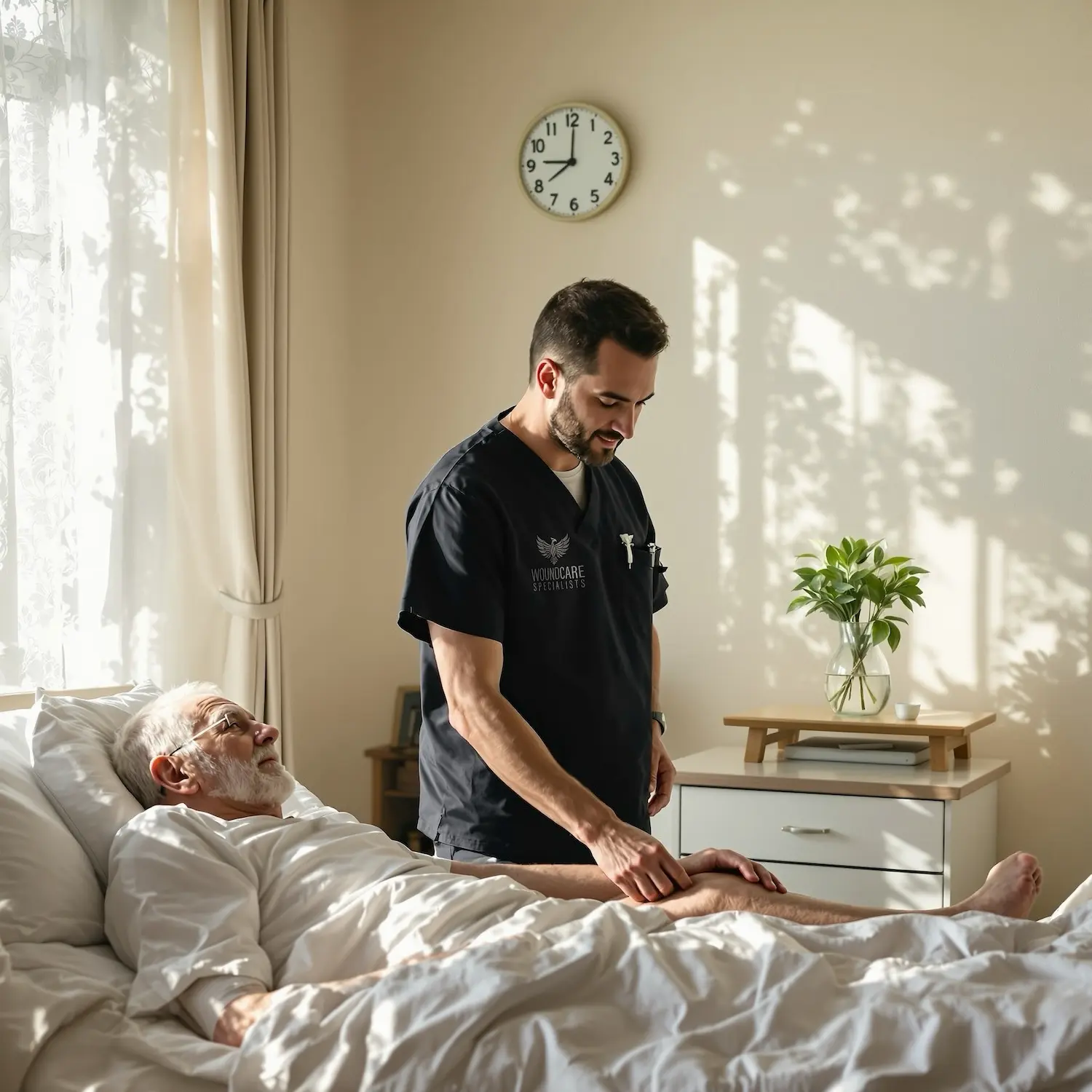 Specialist providing comfort-focused wound care for a hospice patient